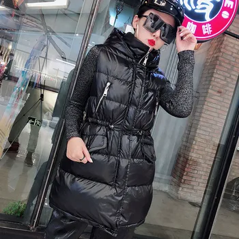 

Women Black Vest Hooded Loose Sleeveless Jacket 2019 New Fashion Large Size Cotton Vest Thicken Slim Female Waistcoat XIN110
