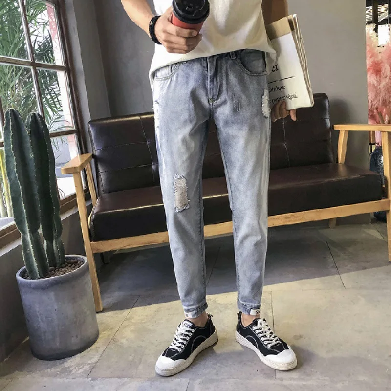 

Men with Holes Capri Jeans Men's Popular Brand Slim Fit Pants Korean-style Trend Spring Loose Casual 9 Points Pants