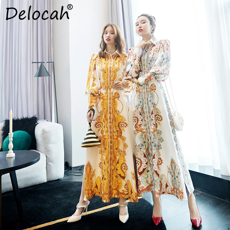 

Delocah Runway Fashion Autumn Maxi Dress Women's Lantern Sleeve Printed Split Sashes Elegant Vintage Ladies Party Dresses 2019