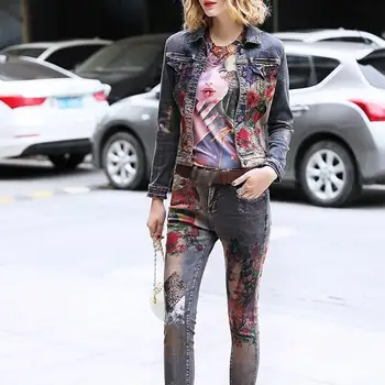 

Flowers Print Denim Jeans Jacket Pants Suits Lady Elastic Material Painting Fashion Trends Women Two Pcs Sets
