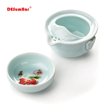 

High quality Celadon 3D Carp Travel tea set,Blue gaiwan tea set,Kung Fu Tea set Include 1 TeaPot 1 Cup,Beautiful and easy teapot