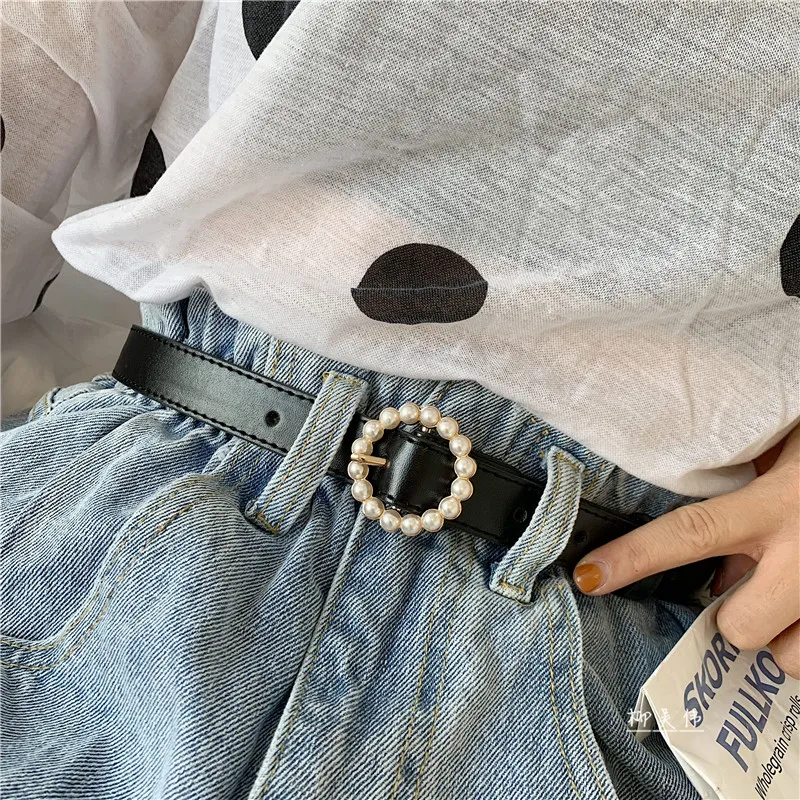 Ремни женские корейские круглые пуговицы жемчужные Kawaii женский кожаный пояс студенческие простые женские высококачественные женские универсальные аксессуары