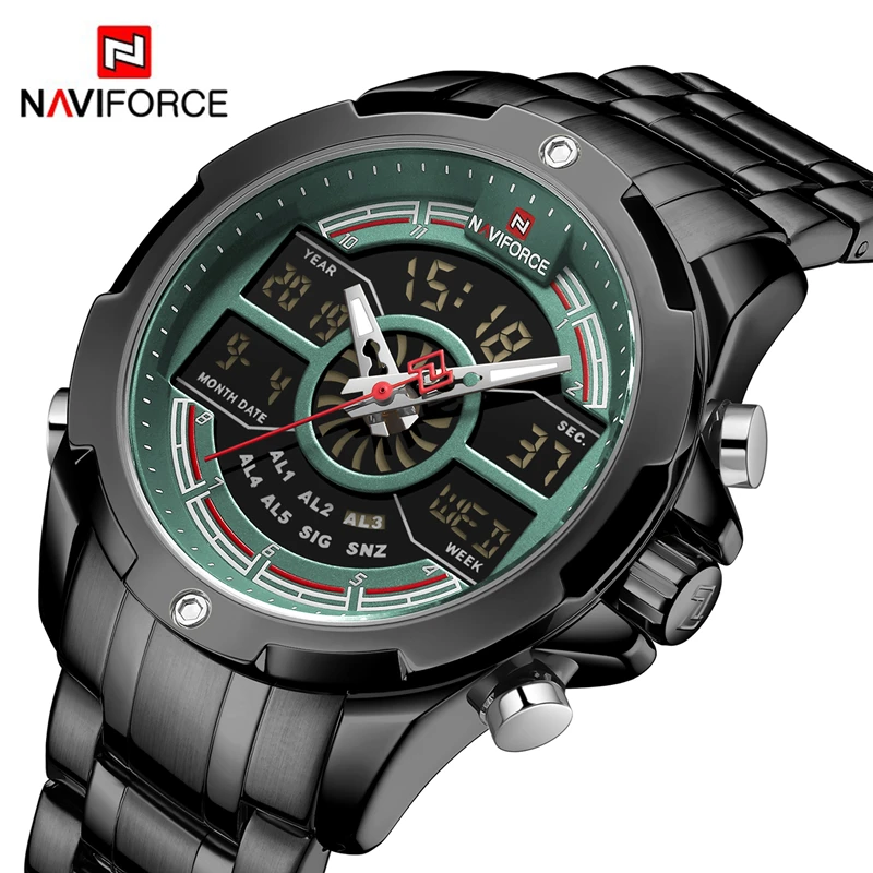 NAVIFORCE, мужские спортивные кварцевые часы от ведущего бренда, мужские полностью стальные светодиодный аналоговые водонепроницаемые цифровые часы, мужские часы