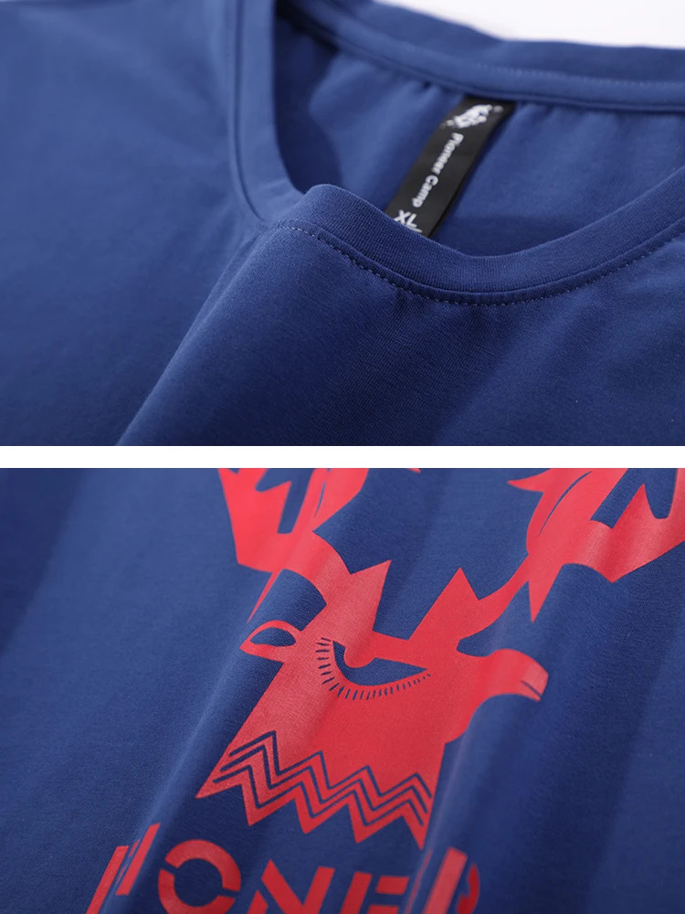 Pioneer Camp Crewneck Men Long Sleeve Streetwear t Shirt Cotton Deer Print Navy Blue T-shirt Male ACT901281