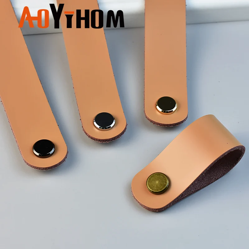 AOYIHOM Retro Style Khaki Kitchen Furniture Handle American Leather Drawer Dressing Table Knob Shoe Cupboards Wardrobe Door Pull furniture handles kitchen door handles