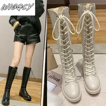 

Women Boots shoes Fashion Warm Boots Square Heels Shoes Lace-Up Casual Long Autumn Winter Fashion women's long Boot new 2020
