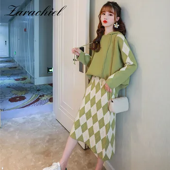 

Women Autumn Winter Geometry Knitted Hoodies Long Sleeve Sweater Sweatshirts A-line Skirt Set Female Casual Midi Two-pieces Sets