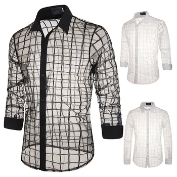 

Men Transparent Shirt 2019 New Plaid Sexy Lace Shirt For Male See Through Mesh Shirt Club Stage Party Prom Chemise Homme S-2XL