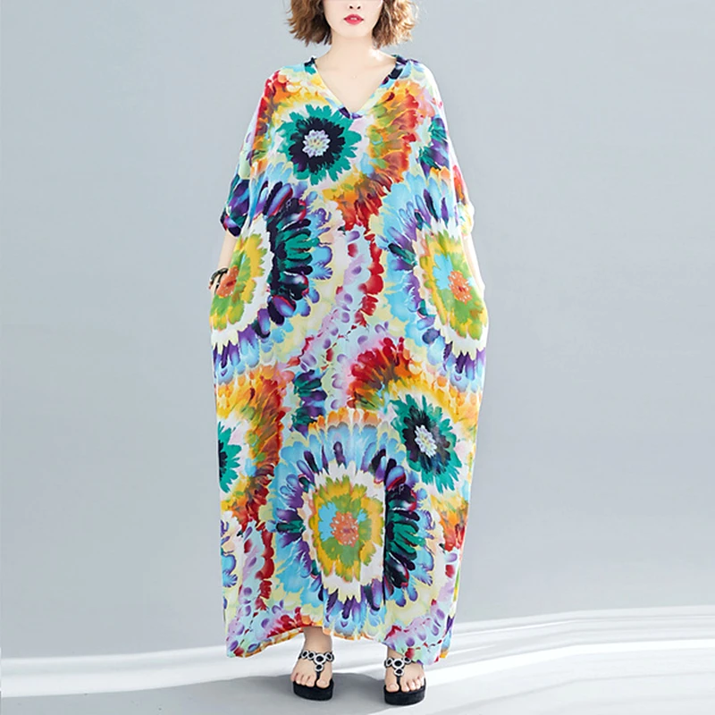 

Women summer plus size vintage floral maxi dress boho casual loose beach cotton V-neck short sleeve robe 2019 ladies dresses