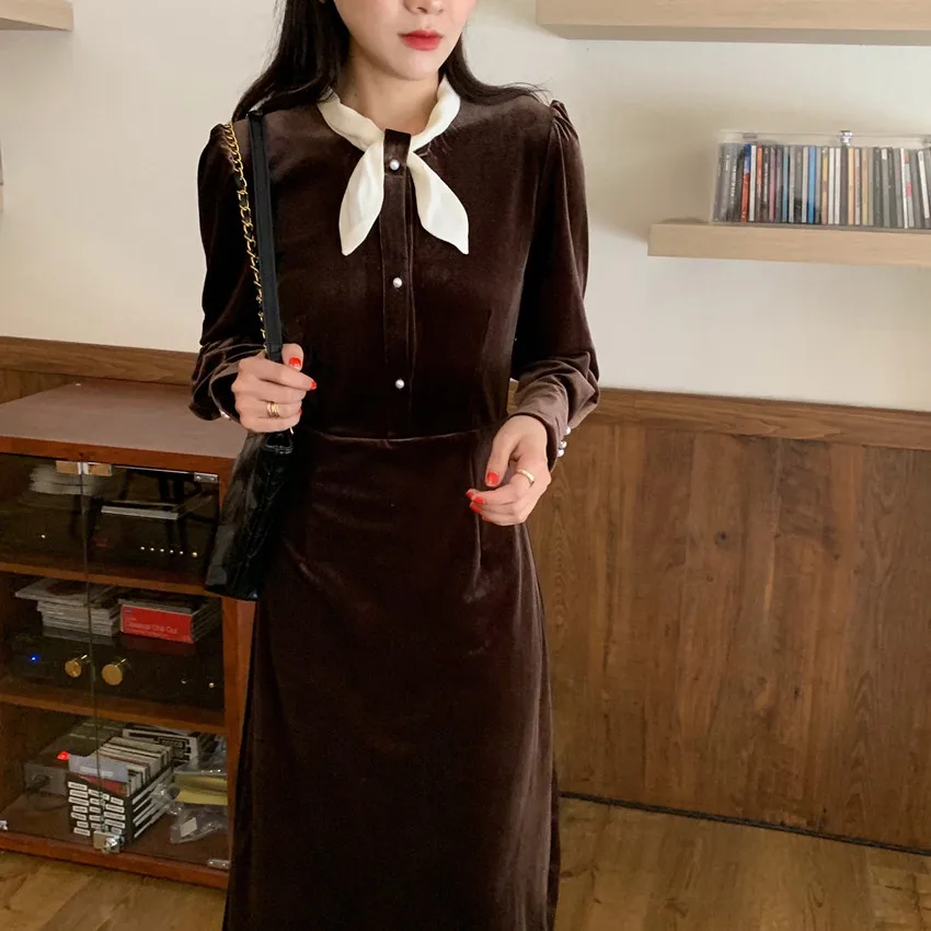 

French Style Vintage Dress Puff Sleeve Autumn Winter Velvet Dress Women Long Sleeve Bow Neck Elegant Midi Dresses Black Vestidos