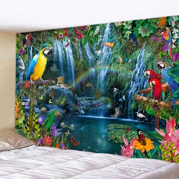 Tapisserie d'art d'oiseau de la jungle, scène psychédélique, décoration de maison, tenture murale Hippie Boho, décor de pièce esthétique, décor mural de maison, tapis de Yoga 1