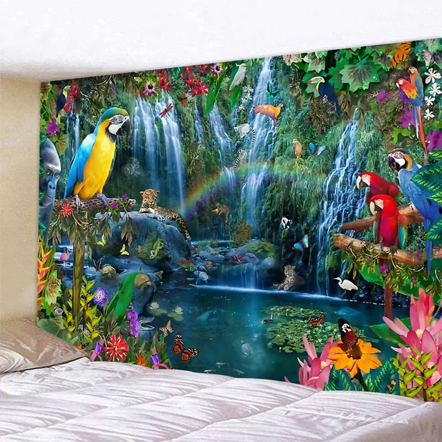 Tapisserie d'art d'oiseau de la jungle, scène psychédélique, décoration de maison, tenture murale Hippie Boho, décor de pièce esthétique, décor mural de maison, tapis de Yoga 1