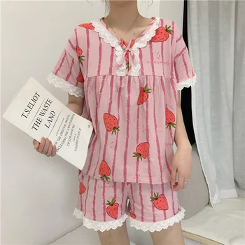 

Bow Strawberry Print Pajama Set Women Summer Cute Sweet Vintage Home Clothes Retro Striped Lace Tops+Shorts Sleepwear Loose S811