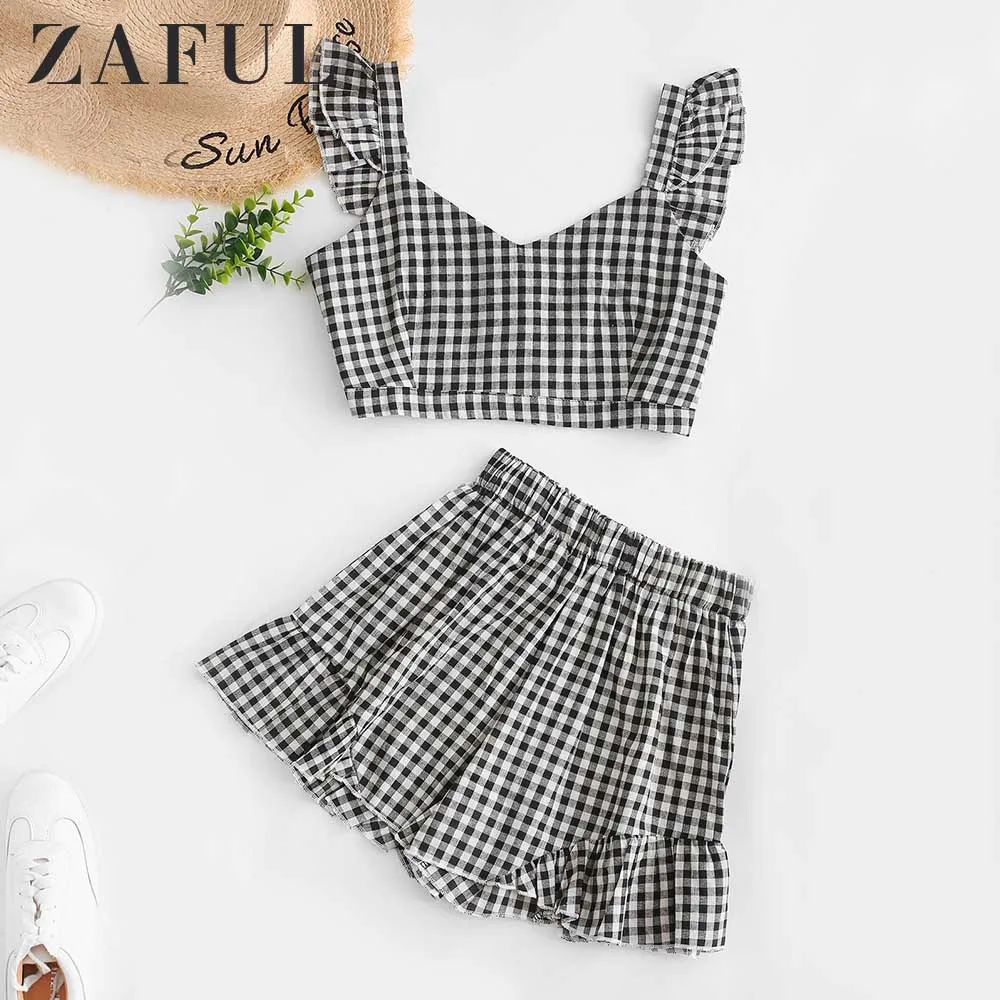 ZAFUL Плед с рюшами Милая Комплект шорт Молния шорты Комплект Милая шея Эластичный высокой талией без рукавов Женщины из двух частей Наборы