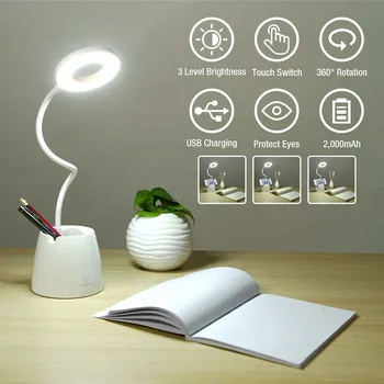 

18LED Dimmable Desk Light Lamp Adjustable Table Bedside Reading Light Night Lamp USB Rechargeable Touch Control With Pen Holder