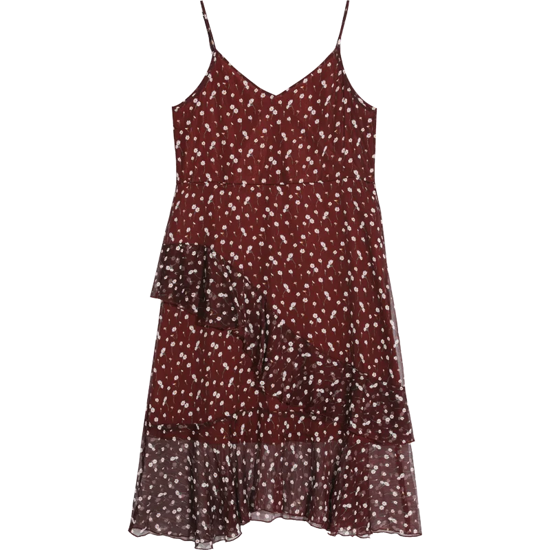 Бургундия ELFSACK Three Color Floral A Line BoHo Women Dress Autumn Sleeveless Slip Loose Female Sexy Dress - Цвет: Бургундия