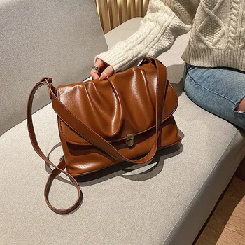 

Big Discount Luxury Leather Tote Bag Large Capacity Women Handbag New Pleated Shoulder Bag Solid Color Vintage Messenger Bag