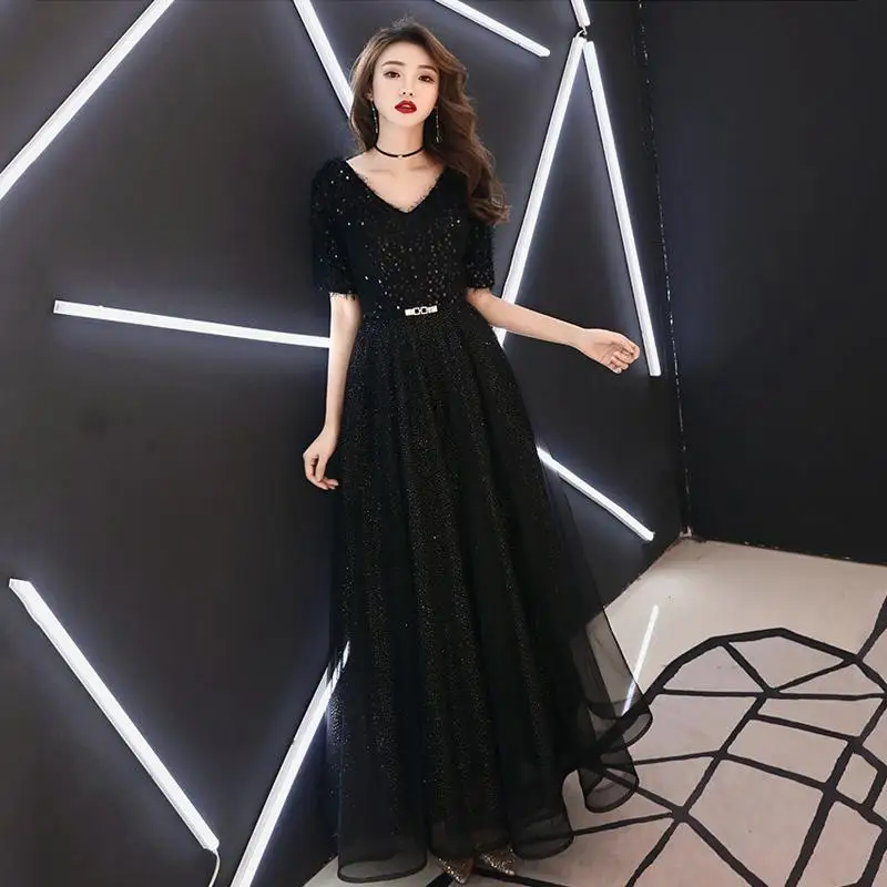 Модные Вечерние Платья С v-образным вырезом и половинным рукавом Vestido Debutante, элегантное вечернее платье с блестками длиной до пола, женское платье - Цвет: Black