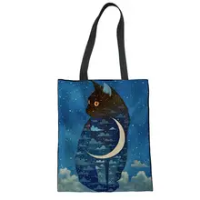 Льняная Холщовая Сумка-тоут на заказ, многоразовая сумка для покупок, пляжная сумка с голубой Луной и кошкой, женская сумка на плечо, сумка для хранения, сумочка