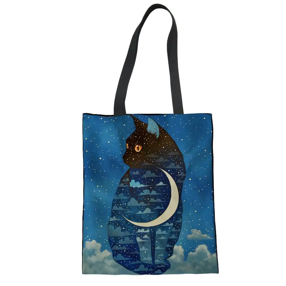 

Customize Linen Canvas Hand Tote Reusable Shopping Bag Blue Moon Cat Beach Bag Women Daypack Shouder Bag Storage Handle Purse