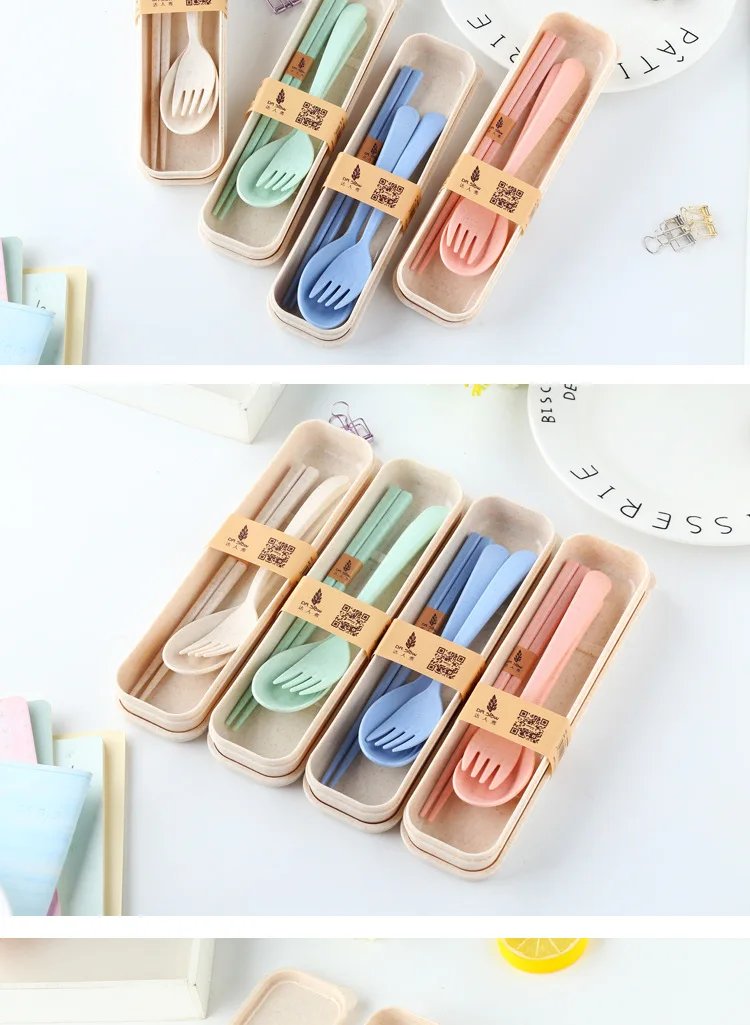 Wheat Tableware Three-piece Set Portable Tableware Set Wheat Straw shao cha kuai Tableware Gift