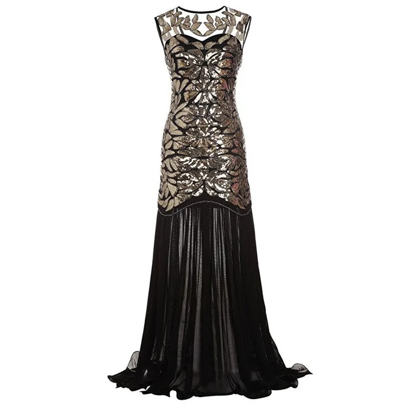

1920s Gatsby Flapper Beaded Sequins Maxi Long Sheer Dresses Sparkly Women Party Dress for Prom Theme Party