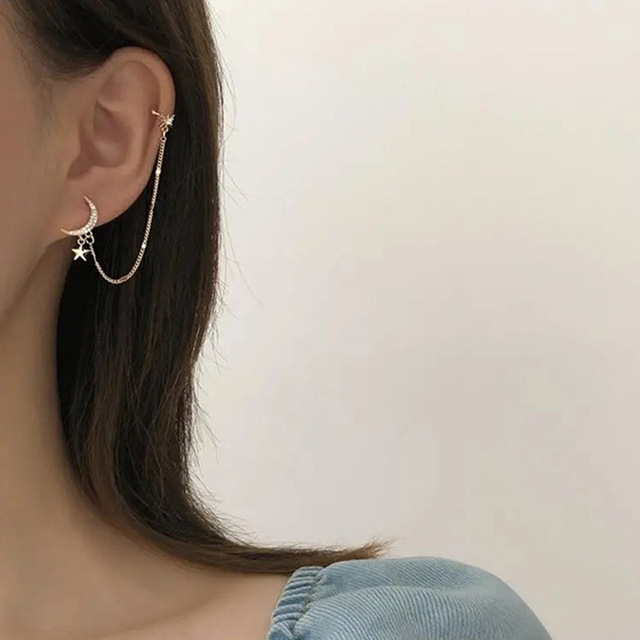 Simple Moon Star Rhinestone Long Chain Earrings For Women Shine Sun Crescent Geometric Tassel Piercing Earring Party Jewelry