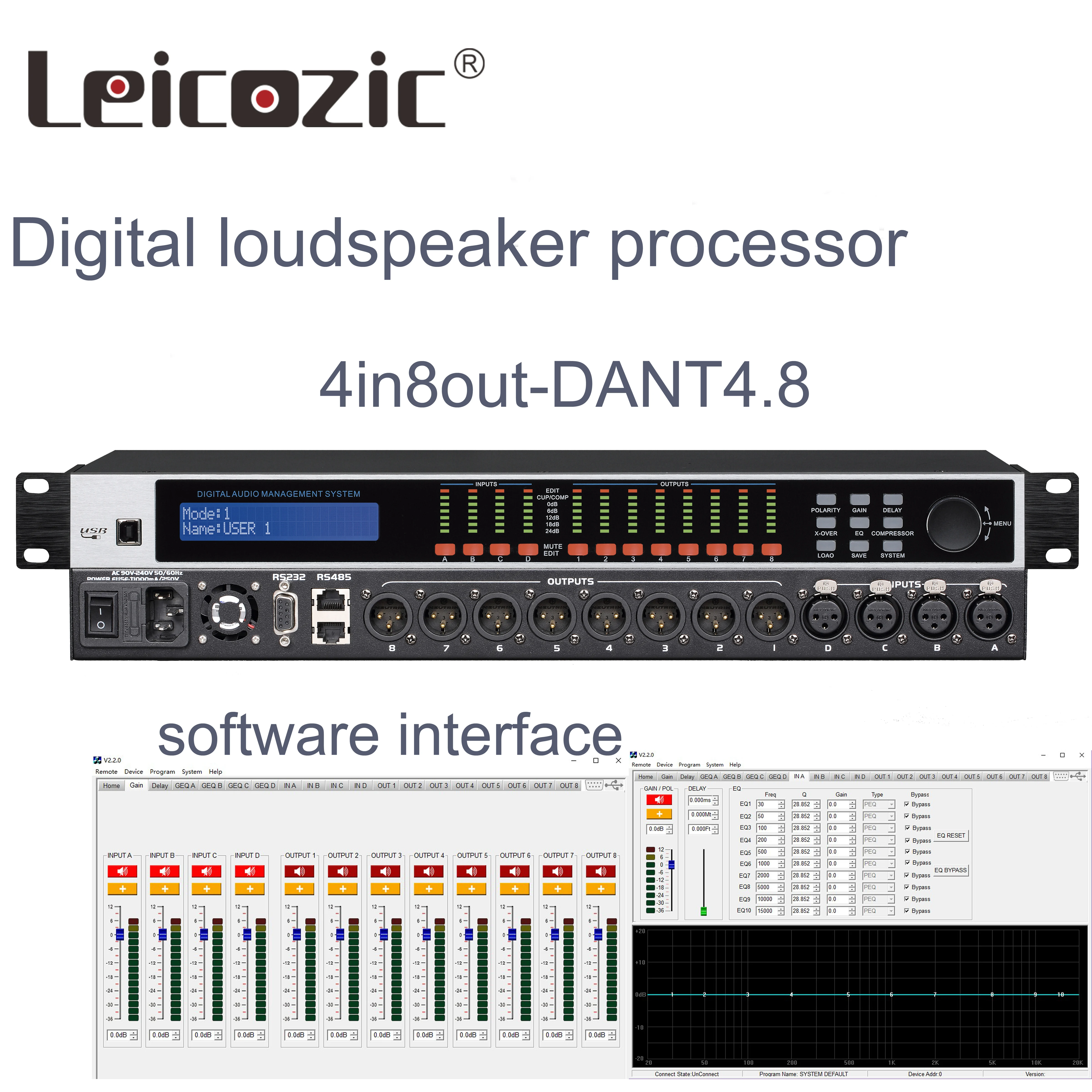 Leicozic DANT4.8 dsp аудио процессор 4in8out громкоговоритель управление processador de аудио цифровые процессоры RS232, RS485 AC220V