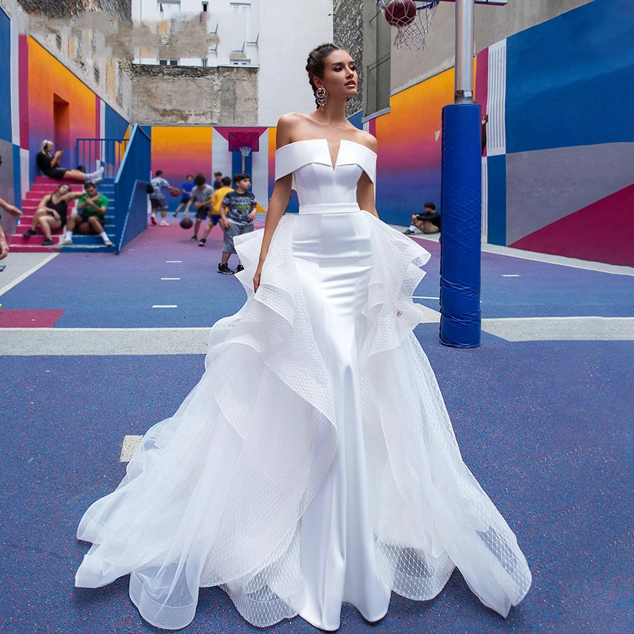 

Detachable Mermaid Wedding Dresses 2020 Satin Elegant Boat Neck ETHEL ROLYN White Bride Gowns Customized Vestido De Novia