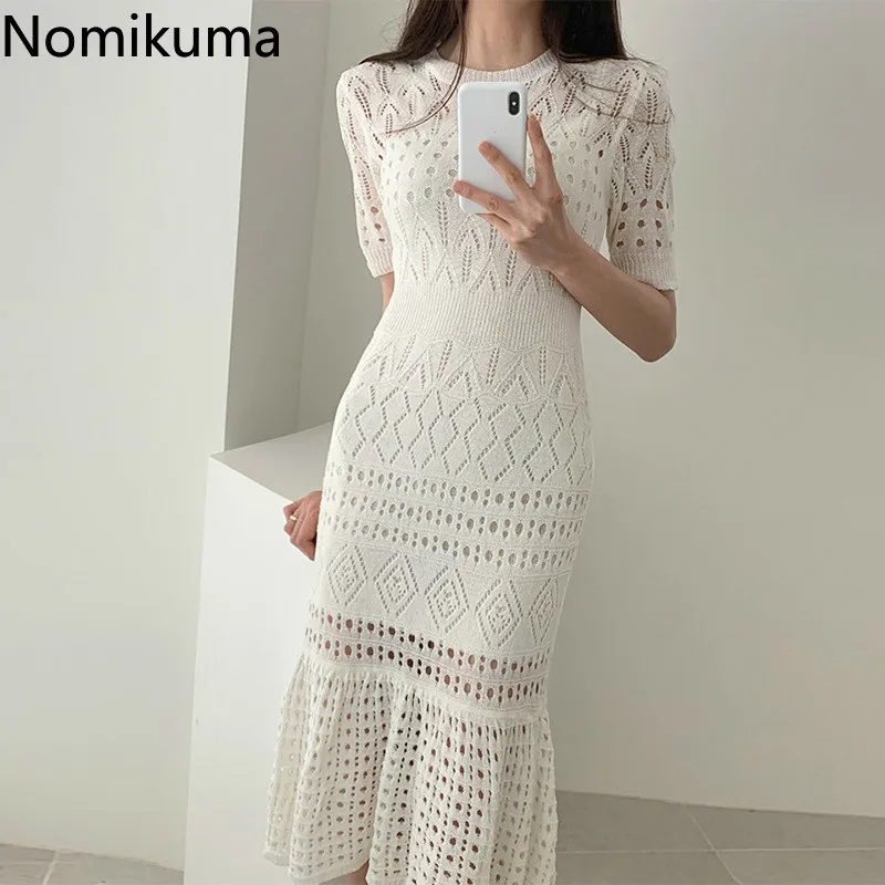 Nomikuma элегантные облегающее платье с коротким рукавом Женские однотонные ажурные