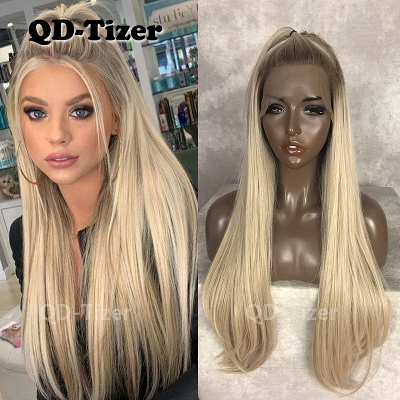 Qd Tizer Ombre Blonde Color Lace Front Wig Glueless Dark Root