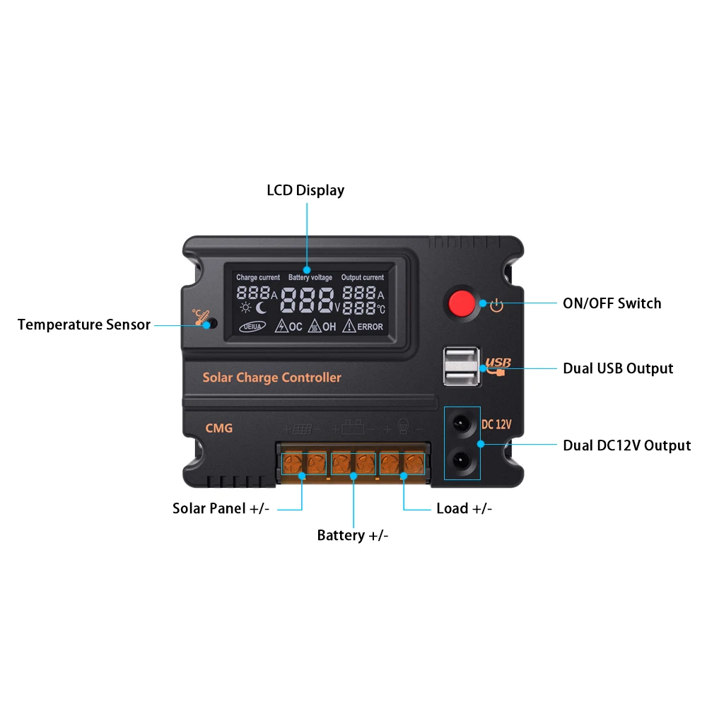 10A/20A 12 V/24 V ЖК-дисплей за максимальной точкой мощности, Солнечный контроллер заряда Панель Батарея Регулятор автоматического переключения защита от перегрузки CMG-2410/CMG-2420