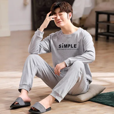 New spring and autumn men's pajamas two-piece pajamas knitted cotton casual loose boys home clothes fashion men's clothing best mens pajamas Men's Sleep & Lounge