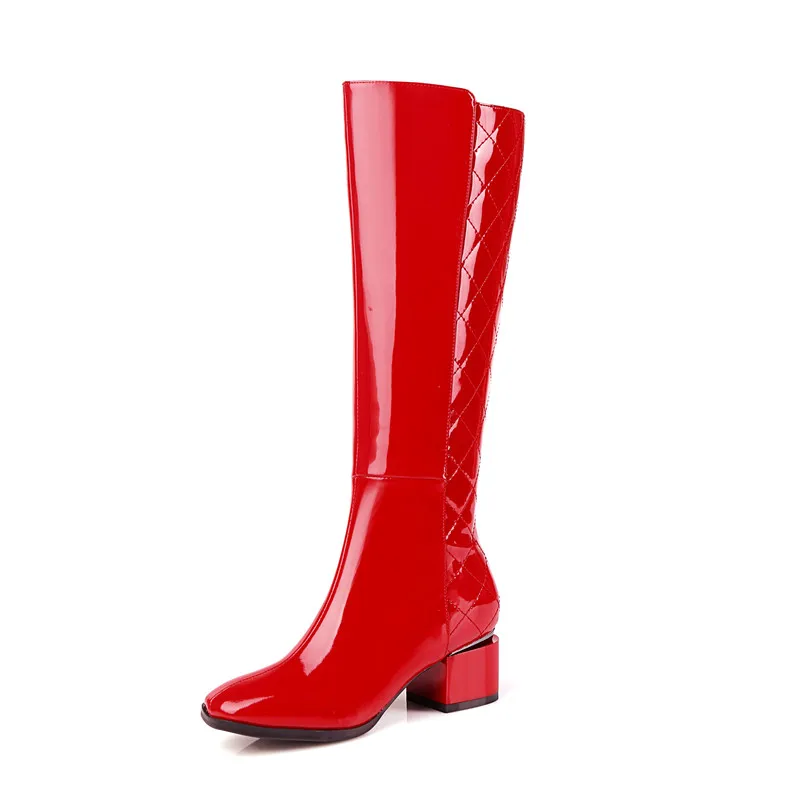 

RYVBA 2019 Ladies square heels winter knee high boots woman patent red genuine leather women rain shoes thigh high for girls