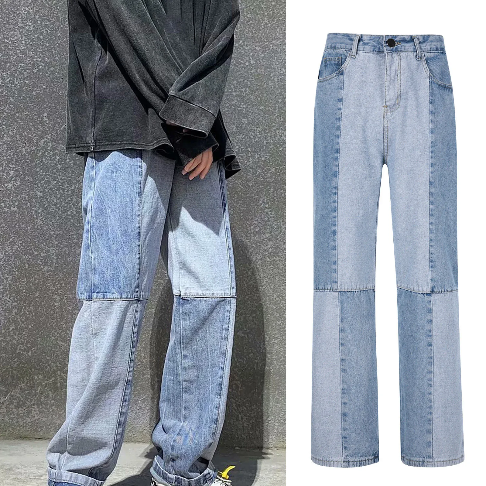 2021 Men's Fashion Loose Stitching Jeans Wide Leg Trousers Jeans Pants Male Loose All-match Straight Pants Large Size #01 1