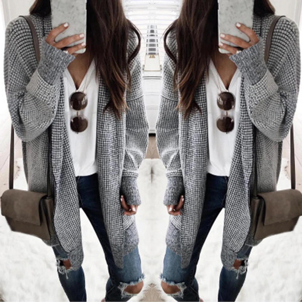 Women Open Stitch Black And White Plaid Long Knitted Cardigans Sweaters Female Casual Coat Outwear 2019 New Autumn Winter