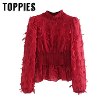 Рубашка в стиле готической Лолиты с красными перьями Harajuku топы с длинными рукавами и кисточками женская одежда