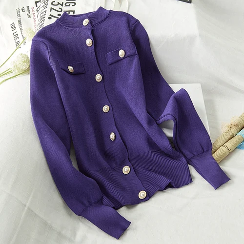 Purple Gaganight элегантный осенне-зимний женский кардиган офисный женский однотонный кардиган тонкий вязаный кардиган однобортный винтажная верхняя одежда - Цвет: Purple