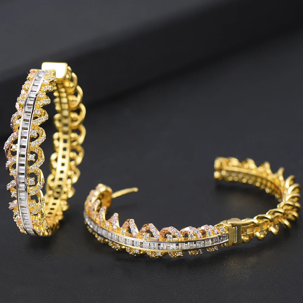 LARRAURI Luxury Hollow Flowers Cubic Zirconia Statement Big Hoops Earrings For Women Wedding DUBAI Bridal Circle Hoop Earrings