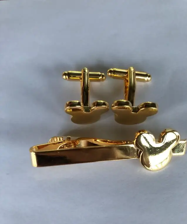 Golden Tie Clip Cufflink Set Mickey Design Tie Clip+Cuff Links Set Pins 16mmButton Set Men Gift Fashion Jewelry Accessory 10Sets