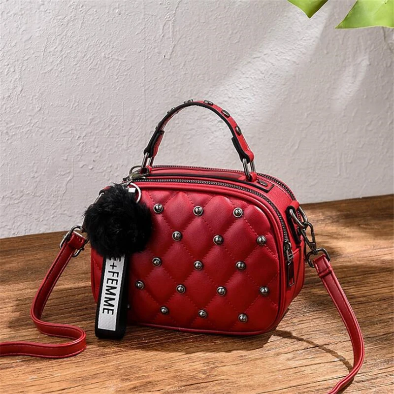 Mini PU Leather Crossbody Bags For Women 2020 Hair ball Shoulder Messenger Bag Ladies Small Rivet Handbags Travel Hand Bag