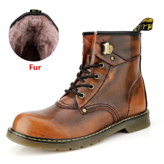 Brand Cowhide Split Autumn Winter Warm Fur Vintage Motorcycle Boots Male Riding Shoes Men Snow Ankle High Top Men's boots - Color: brown