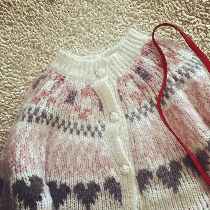 Богемный Вдохновленный женский вязаный кардиган с цветочным узором и сердечками, женская зимняя одежда, женские свитера с длинным рукавом и пуговицами