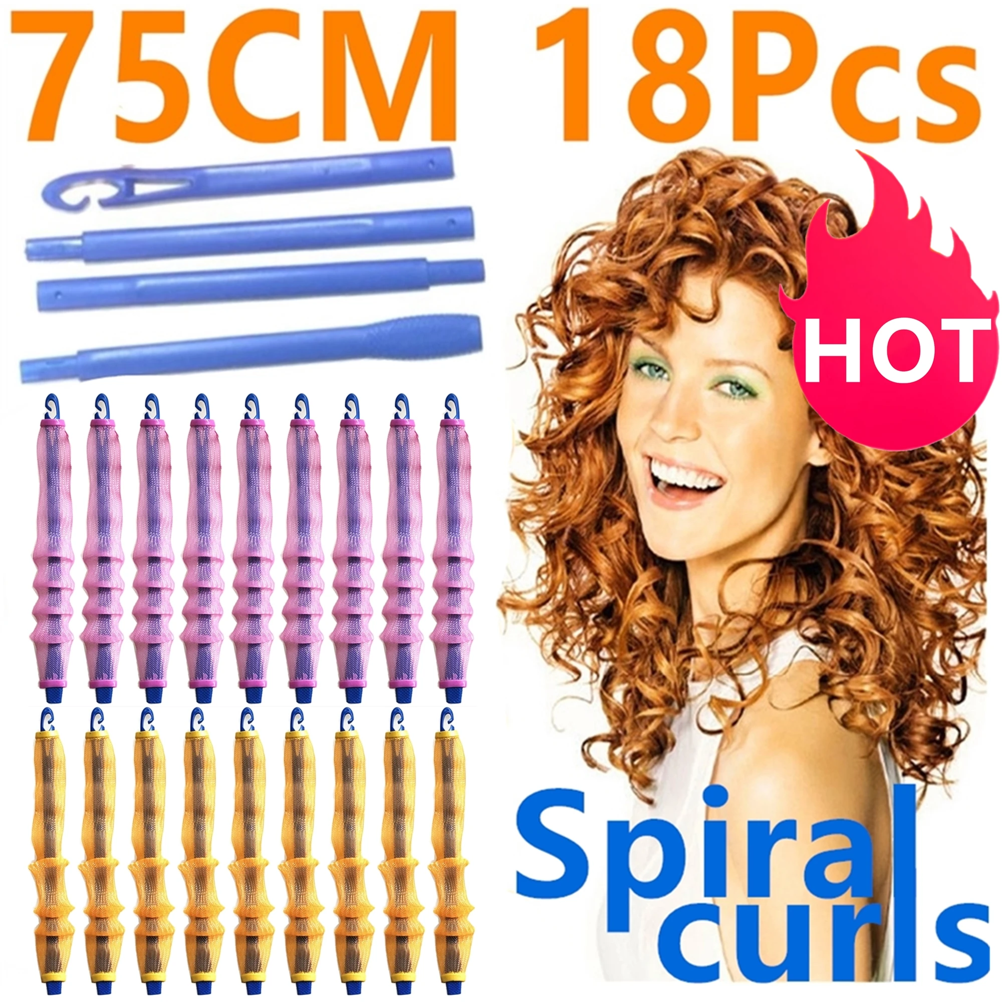 Hair Rollers Snail Shape Not Waveform 75CM 18Pcs 4 Sticks Spiral Round Curls Hair Curler Soft Hair Curler Bendy Hair Rollers DIY