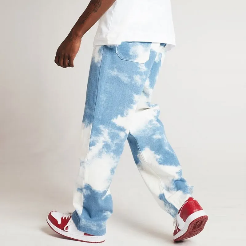 Pantalones vaqueros holgados de corte recto para hombre, Vaqueros informales con tinte dibujo azul cielo, pantalón largo recto