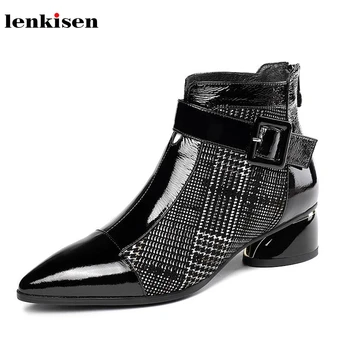 

Lenkisen new modern genuine leather gingham pointed toe buckle straps med heels winter elegant keep warm women ankle boots L1f3