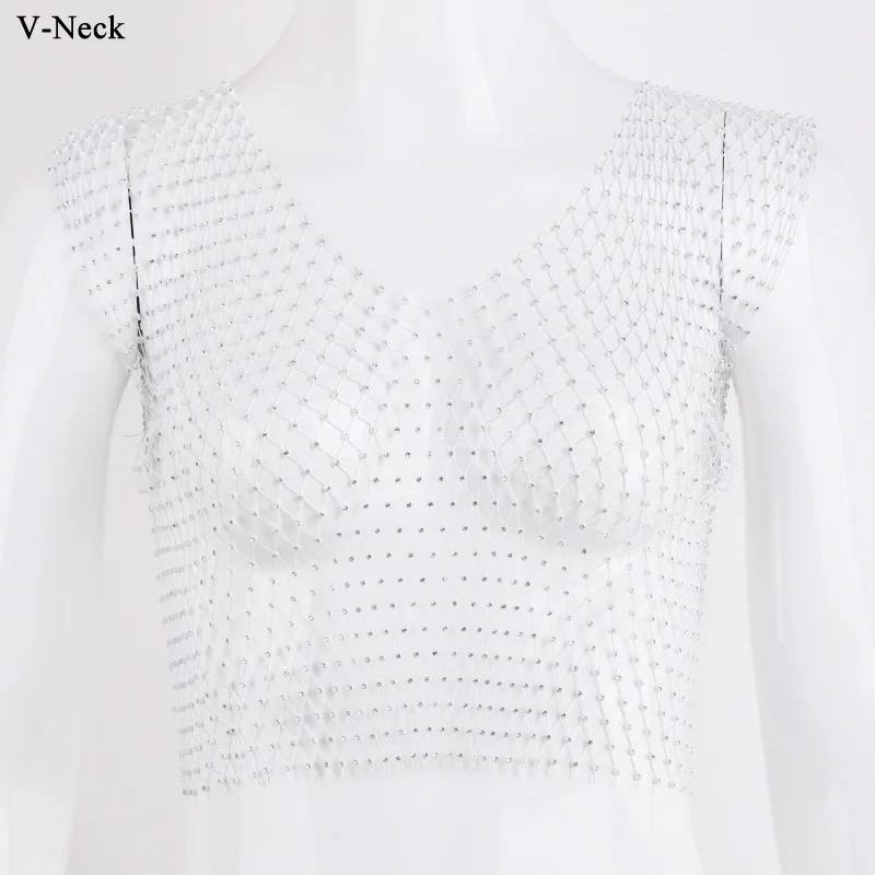BI391WVneck VIKINII Sleeveless Crystal White Women Tops Summer Beach Women Bikini Tops Rhinestone Sexy Women Beachwear O-Neck - Цвет: BI391WVneck