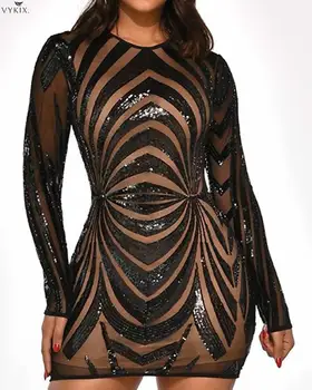 

New Black Dress O-neck Sequin Dress Backless High Waist Sexy Club Dresses Night Clubwear Party Dress Bandage Bodycon Mini Dress