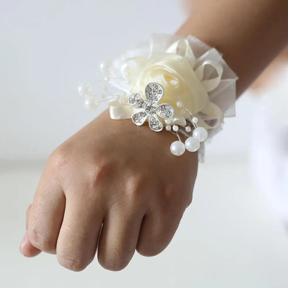Wrist Corsage Bridal Silk Flower With Faux Pearl Stretch Bracelet Wedding WH1 
