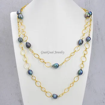 

GG Jewelry 50" 18mm Black Keshi Pearl Gold Color PlatedNecklace